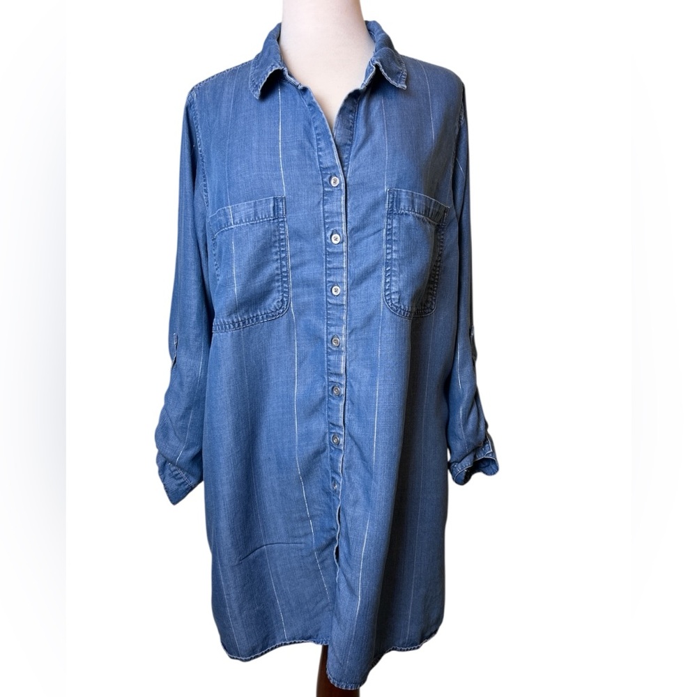 Cloth and Stone Chambray Tunic Size 1X Blue and Metallic Stripes Pockets
